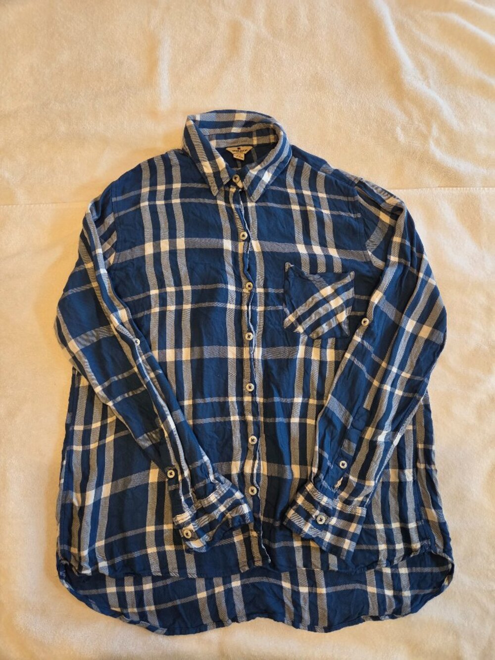 Woolrich Women's Blue Plaid Rayon Button Up Shirt Roll Tab Sleeve Size Large